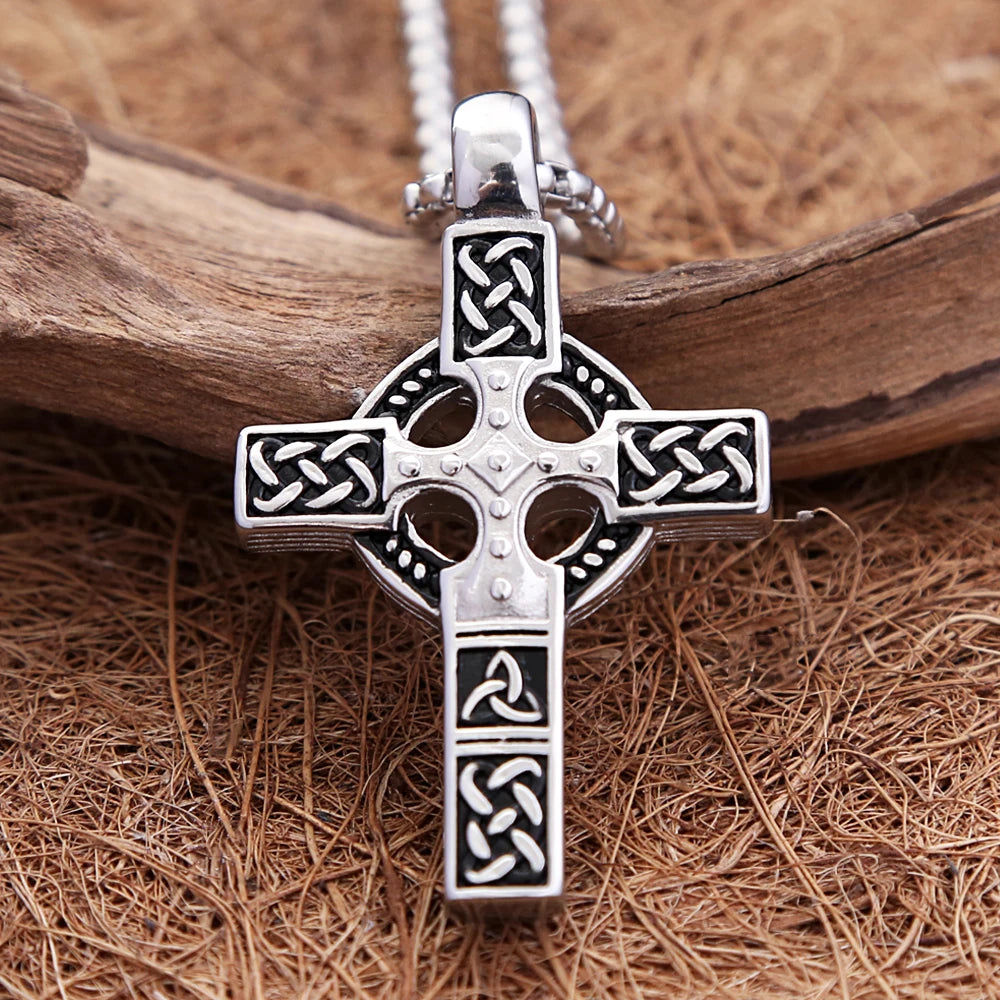 Fashion Vintage Stainless Steel Cross Pendant Necklace For Men Nordic Viking Celtic Knot Necklaces Amulet Jewelry Gift