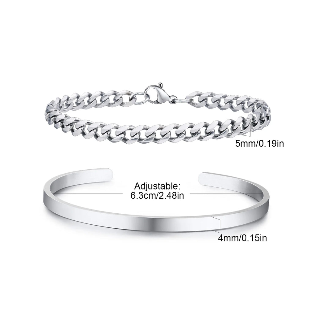 Men's 2pcs Set Simple Fashion Cuban Snake Link Chain Bracelet Stainless Steel Open Cuff Bangle Punk Hip Hop Jewelry Set
