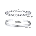 Men's 2pcs Set Simple Fashion Cuban Snake Link Chain Bracelet Stainless Steel Open Cuff Bangle Punk Hip Hop Jewelry Set