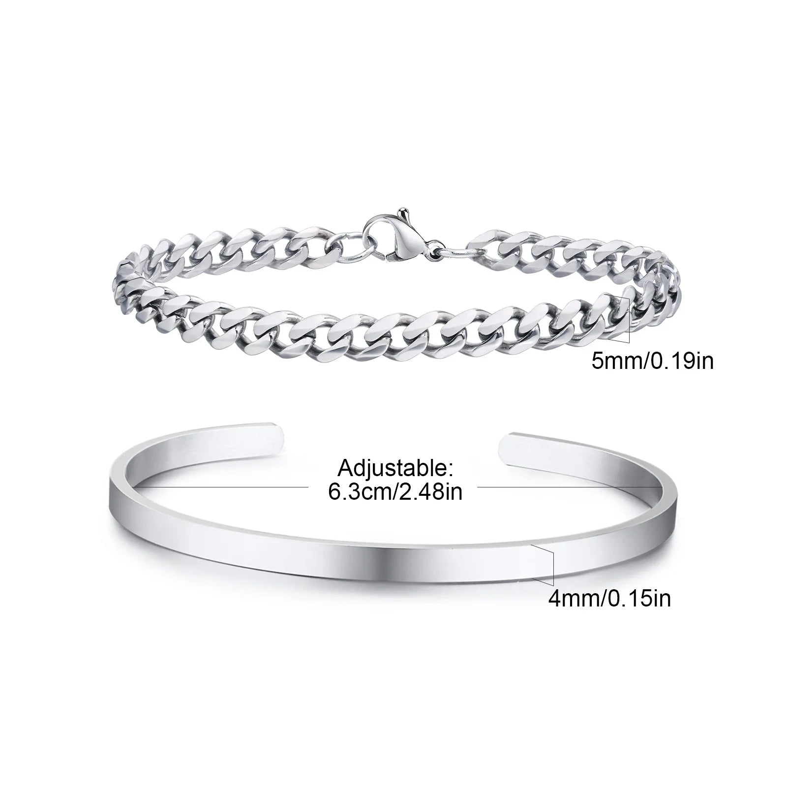 Men's 2pcs Set Simple Fashion Cuban Snake Link Chain Bracelet Stainless Steel Open Cuff Bangle Punk Hip Hop Jewelry Set