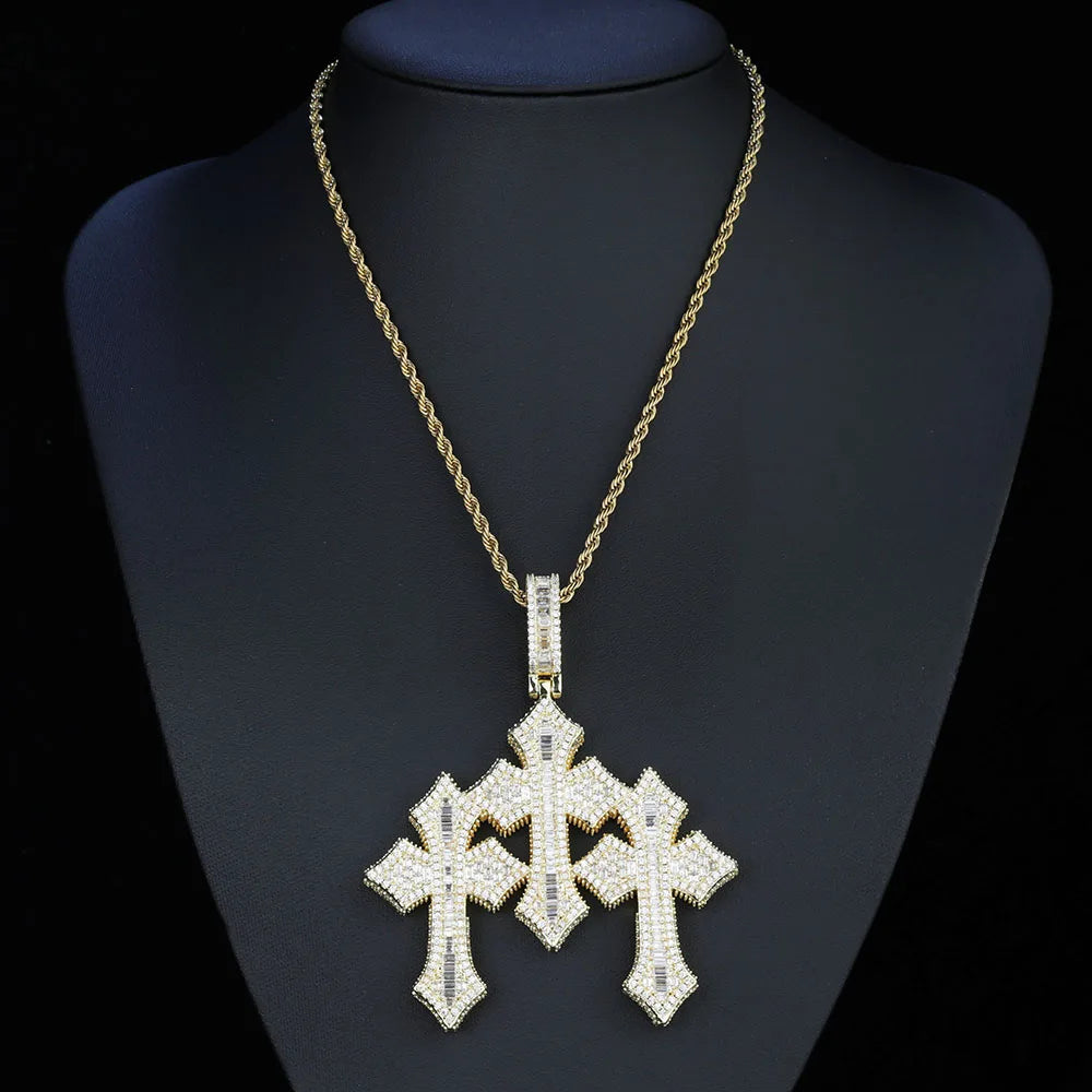 High Quality 3Inch Mens Hip Hop Cross Pendant New Release Iced out Triple Cross with Stone Charm Necklace Made Brass