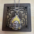 Vintage Plated Thai Silver Yellow God of Wealth Necklace, Gilded Buddha Statue Pendant, Holiday Birthday Gift