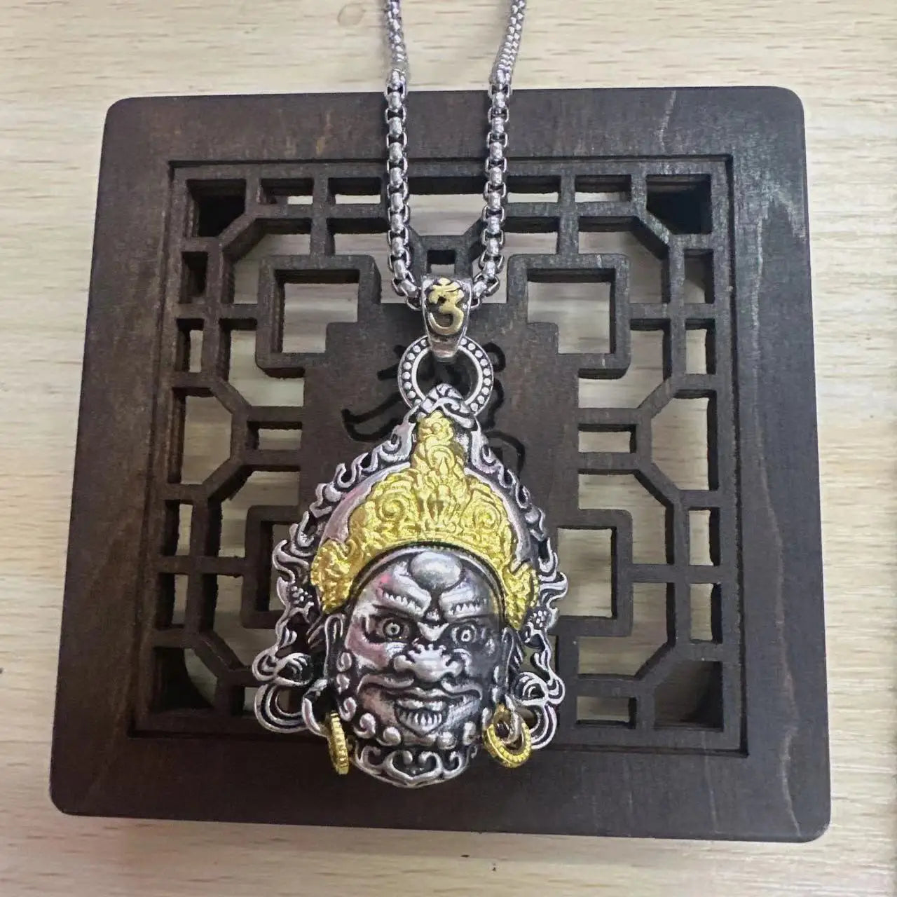 Vintage Plated Thai Silver Yellow God of Wealth Necklace, Gilded Buddha Statue Pendant, Holiday Birthday Gift