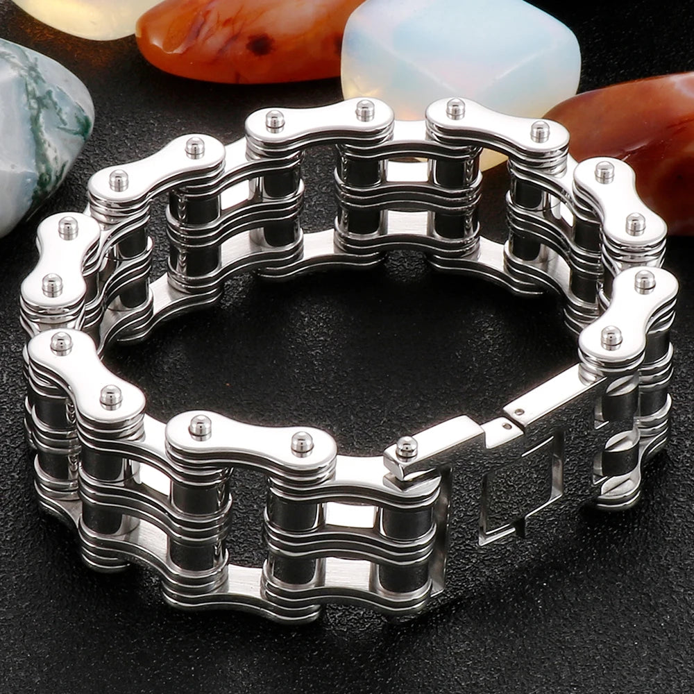 Stainless Steel Rock And Roll Rap Jewelry 24MM Width Motorcycle Chain Man Bracelet Hand Chain Accessories Wristband