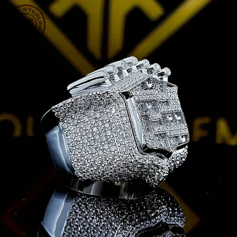 2025 New Men's 925 Sterling Silver Ring Vintage King Crown Iced Out Hip Hop Rings White Gold Plated Huge Punk Rapper