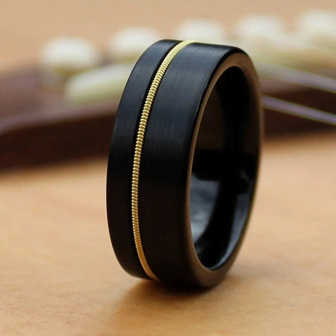 Fashion Black Stainless Steel Rings for Men With Guitar String Inlay Guitarist Ring For Musician Wedding Jewelry Drop