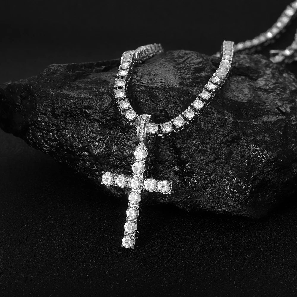 Iced Out Cross Pendant Necklace With 4mm Tennis Chain Religious Charm Full Rhinestone Bling Hip Hop Jewelry for Men and