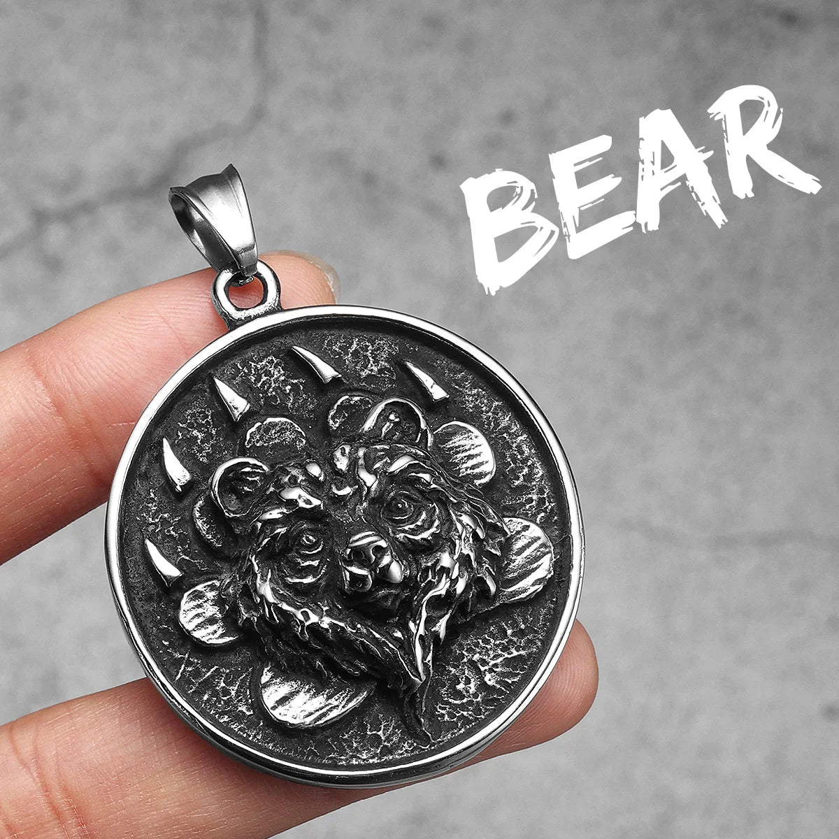 Viking Bear Head Claw Coin Pendant Necklace — Stainless Steel