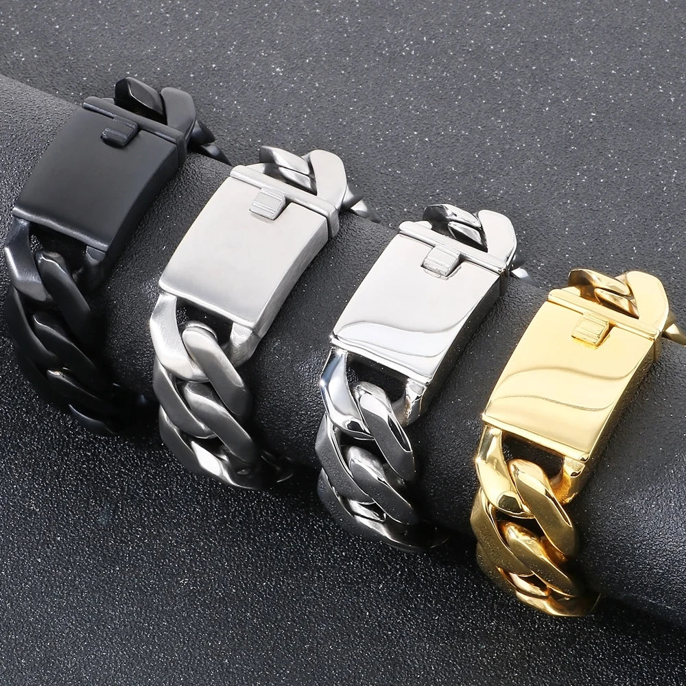 Classic 24MM Width Curb Cuban Link Chain Men Bracelet for Man Matte Brushed Stainless Steel Men's Bracelets Massive