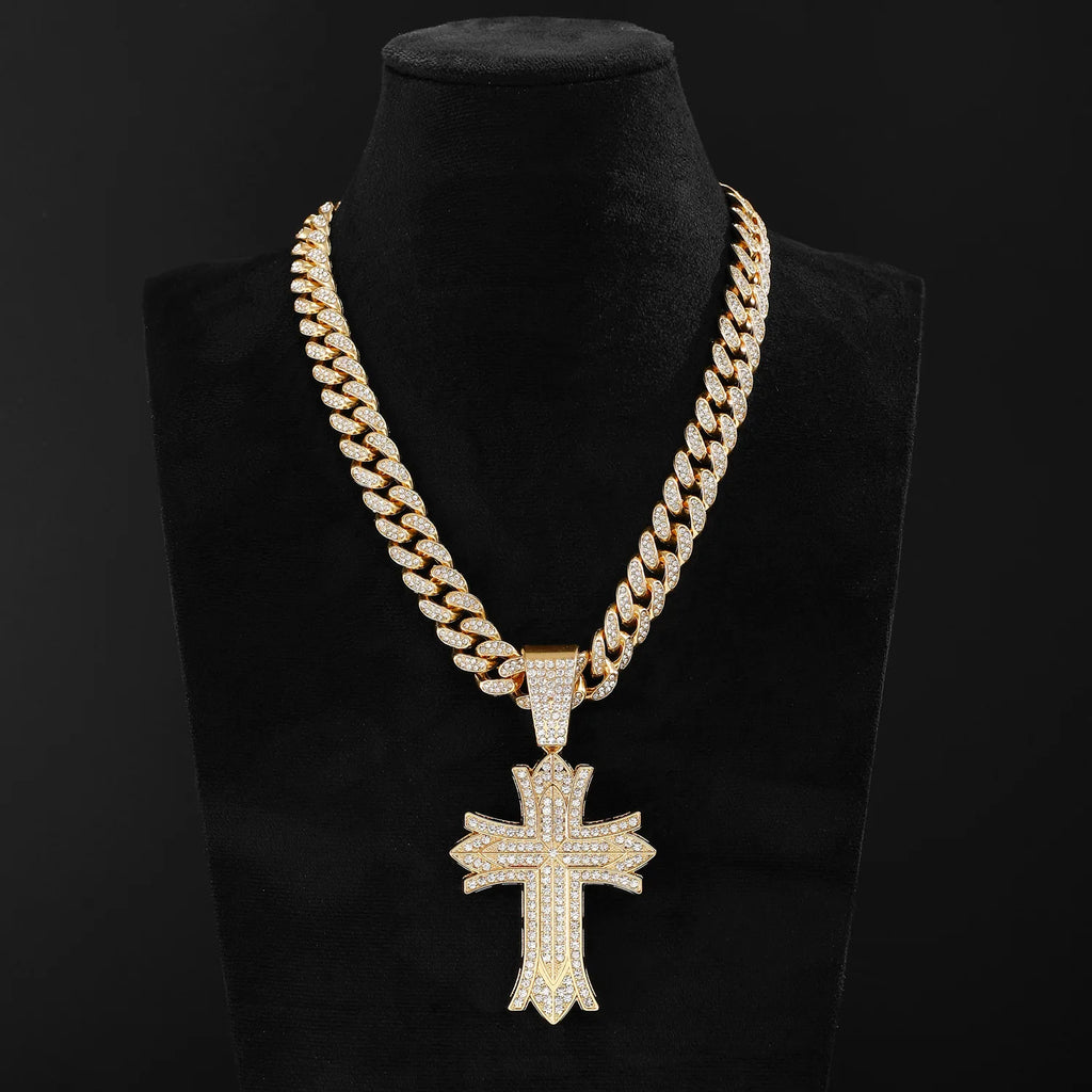 Full Crystal Cross Pendant Cuban Chain Necklace — Two-Tone