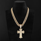 Full Crystal Cross Pendant Cuban Chain Necklace — Two-Tone