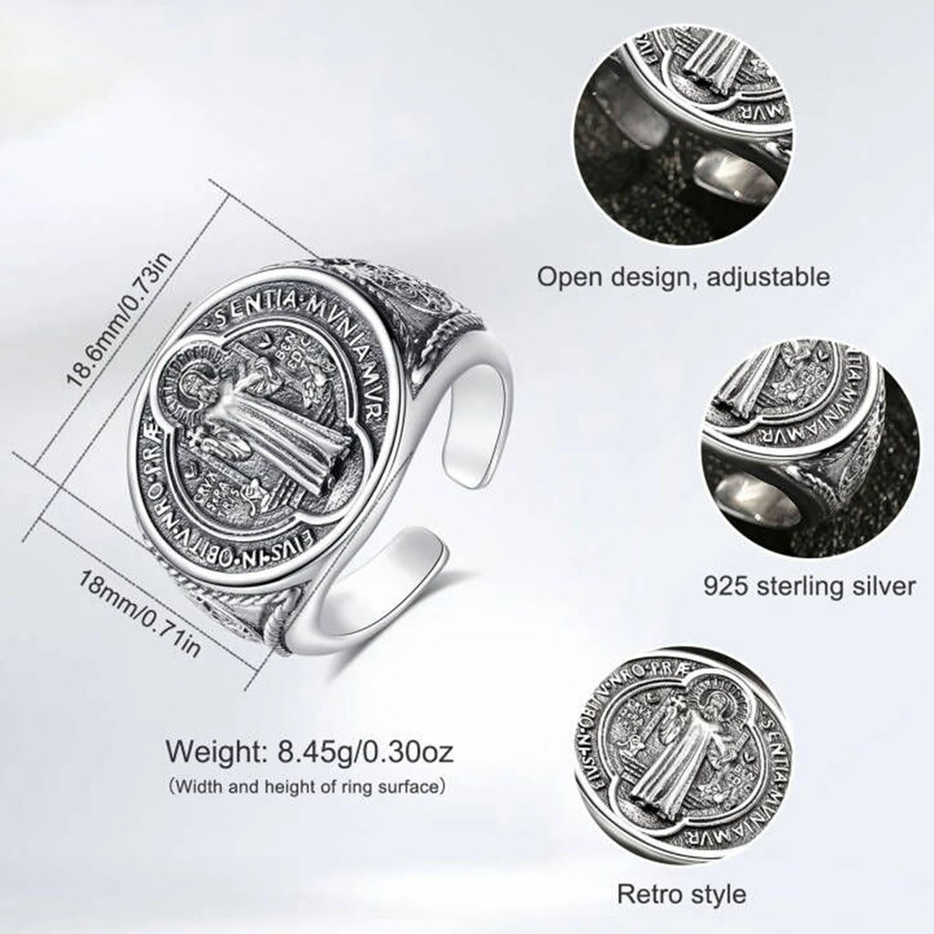 Eudora 925 Sterling Silver Saint Benedict Medal Adjustable Ring San Benito Cross Amulet Religious Jewelry Gift for Men Women