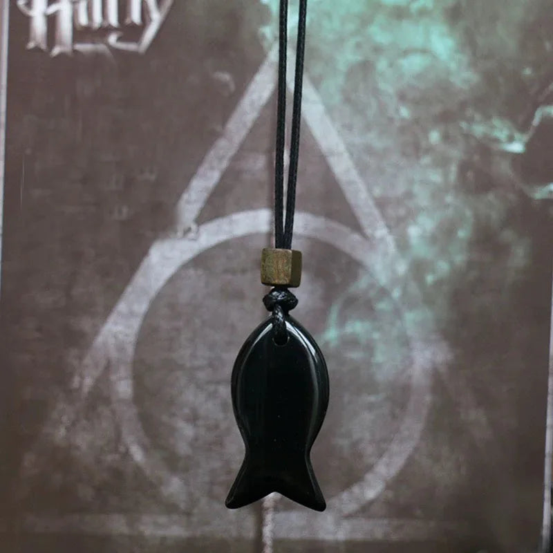 Vintage Natural Black Obsidian Fish‑Shaped Pendant Necklace for Men, Ideal for Fishing Enthusiasts, Valentine’s Day Gift