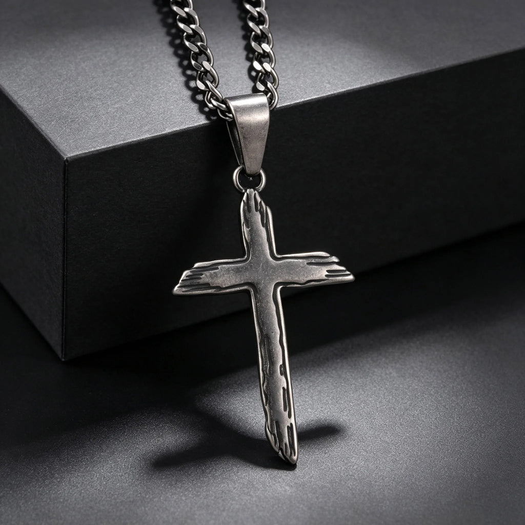 Wood Textured Cross Necklace for Men — Stainless Steel Chain