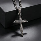 Wood Textured Cross Necklace for Men — Stainless Steel Chain