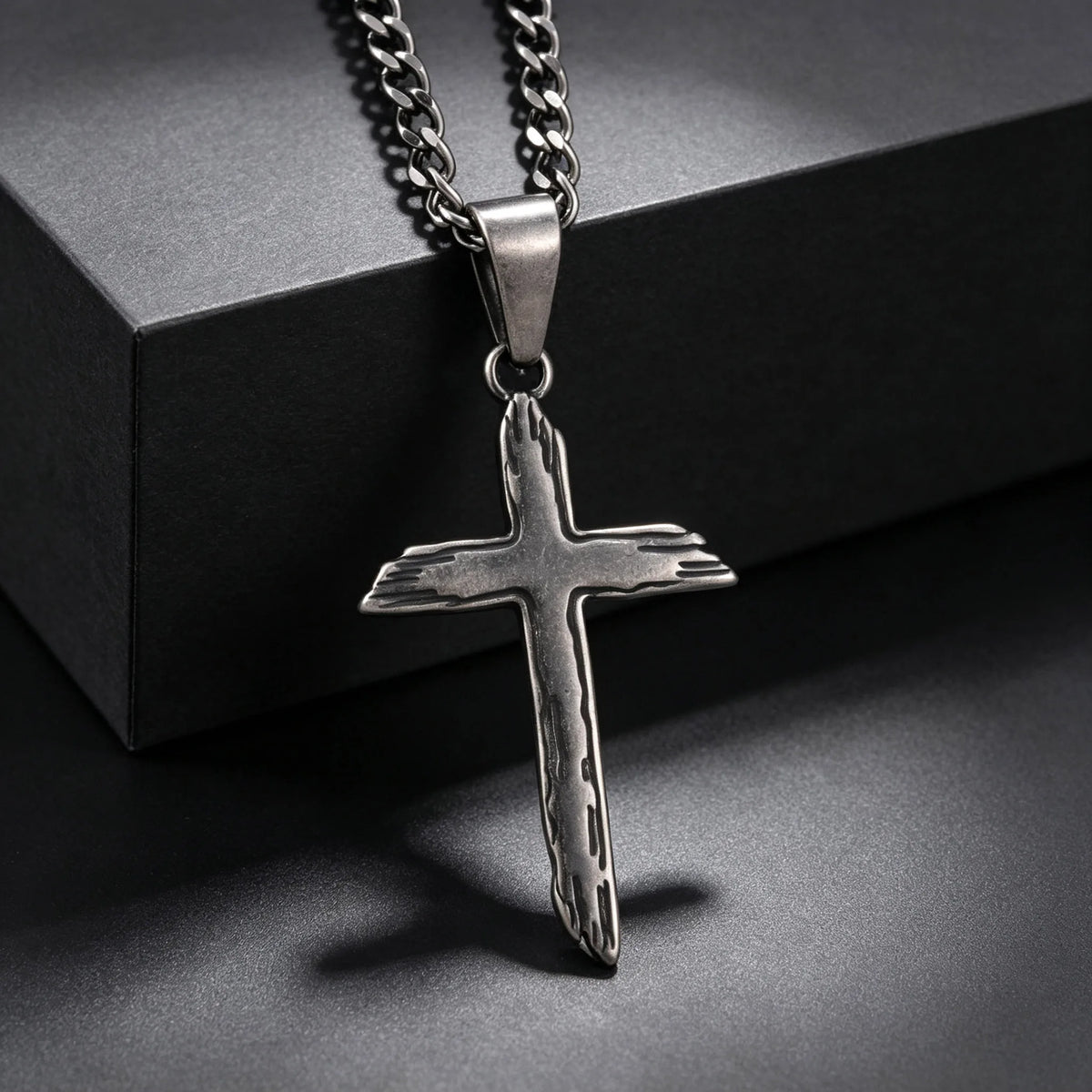 Wood Textured Cross Necklace for Men — Stainless Steel Chain