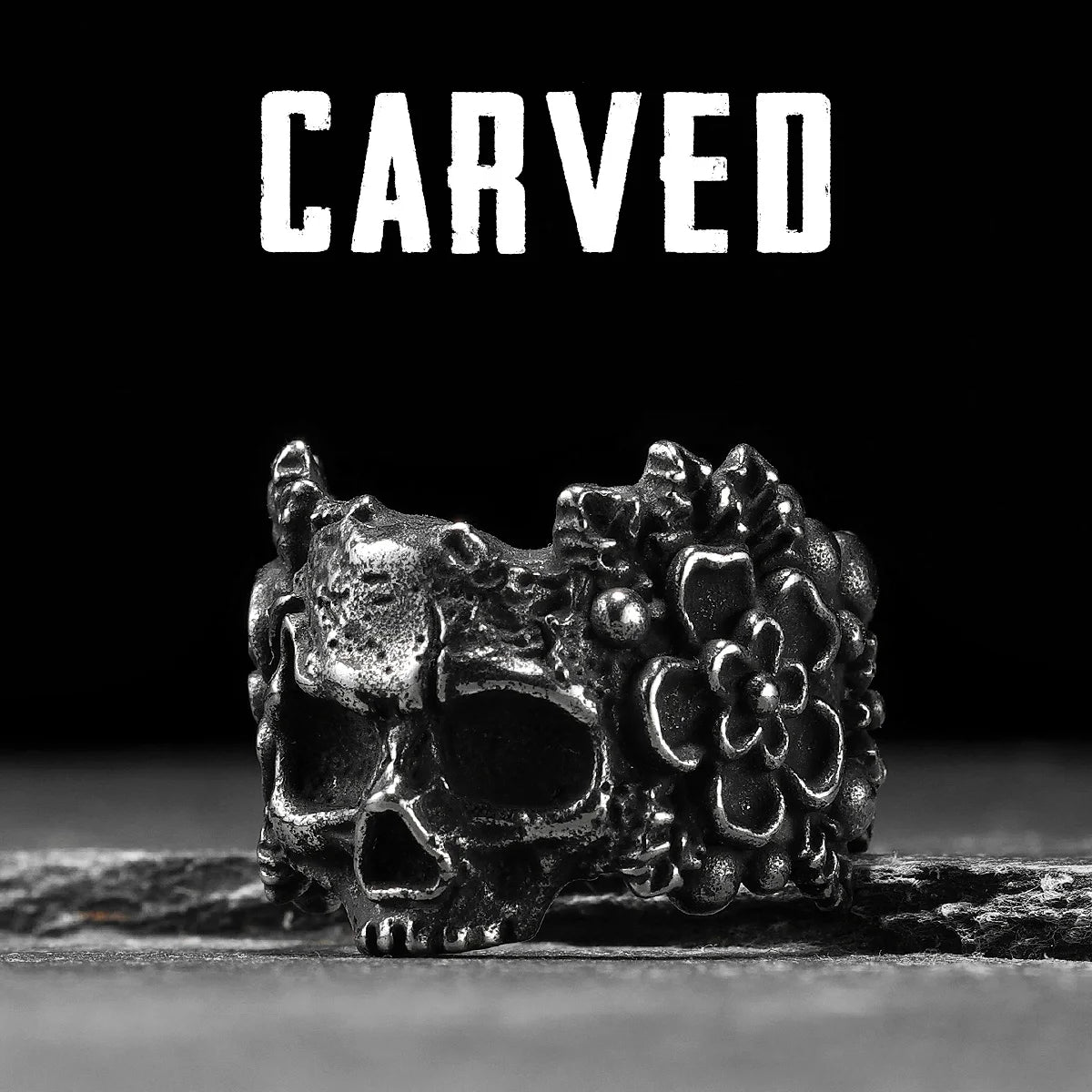 Flower Skull Ring Black — Stainless Steel
