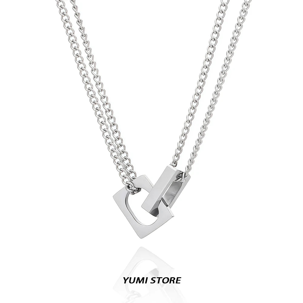 Hip Hop Double Lock Pendant Necklace For Man Woman Non-Fading Titanium Steel Choker Clavicle Chain Kpop Couple Jewelry