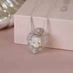 Boho Unisex Copper Skull Pendant Necklace with Faux Pearl Heart and Zirconia Accents, Everyday Wear Vacation Party