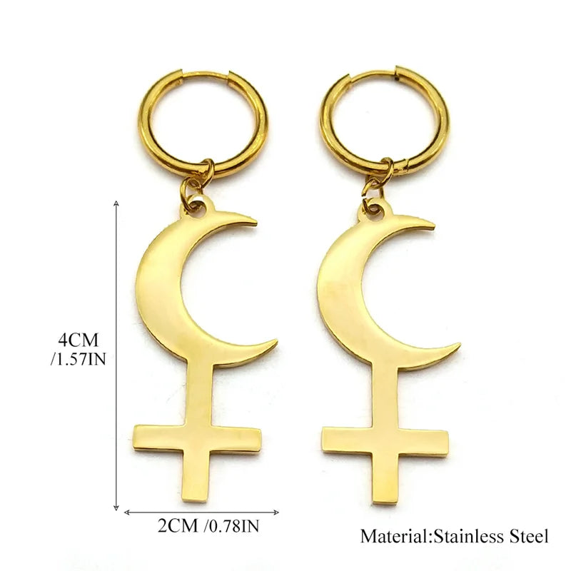 Cross Moon Gold Earrings Crescent Inverted Astrological