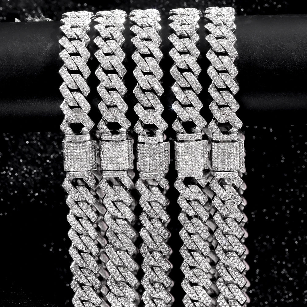 14 MM Prong Cuban Link Chain Necklace For Men Hip Hop Iced Out Bling Luxury Full Rhinestone Paved Necklace Rapper