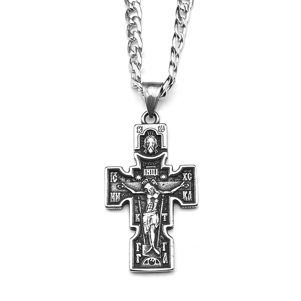 Vintage Cross Necklace — Orthodox Jesus Crucifix Icon