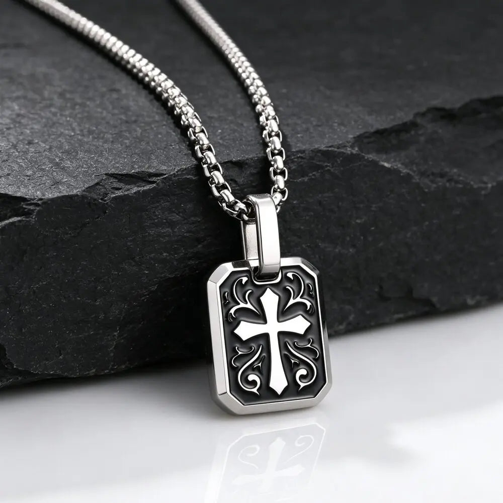 Black Enamel Cross Dog Tag Necklace — Stainless Steel