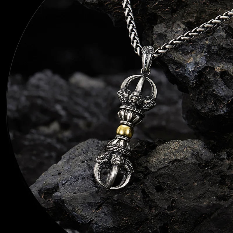 Vintage Buddhist Dharma Vessel Exorcism Vajra Pendant Necklace for Men Necklace Religious Amulet Accessory Gift