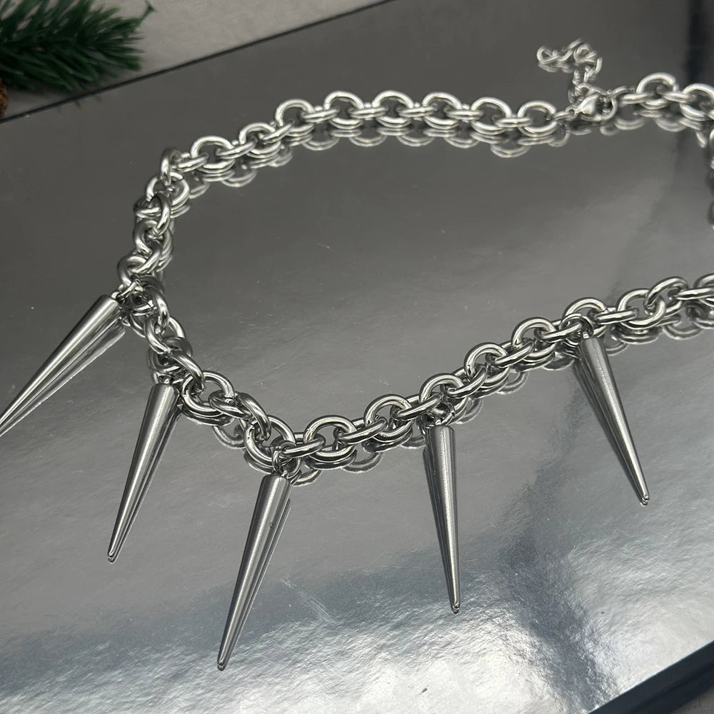 Gothic Large Spike Rivet Chunky Chain Necklace Unisex Stainless Steel Punk Style Grunge Jewelry Accessory for Women Men