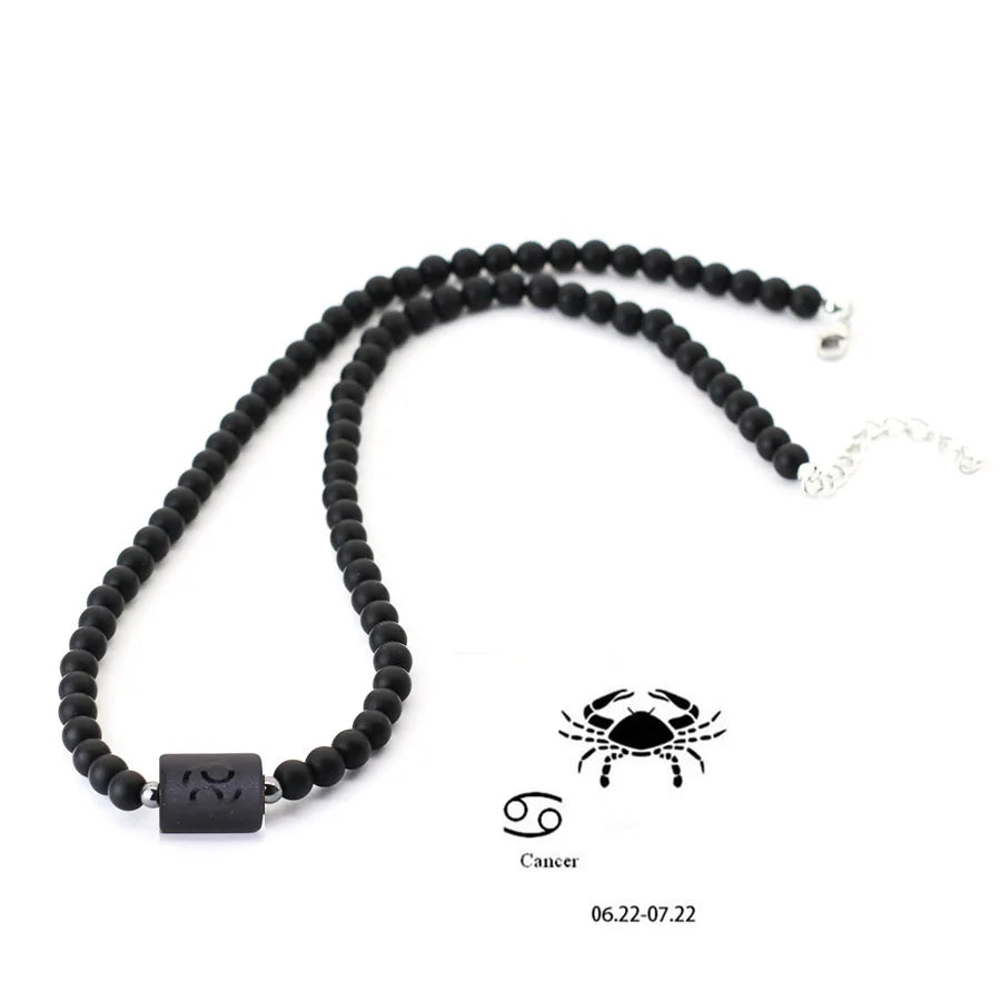Fashion 12 Constellations Beaded Necklace Men Natural Black Onyx Stone Beads 48cm Short Collar Jewelry Leisure Party Homme Joias