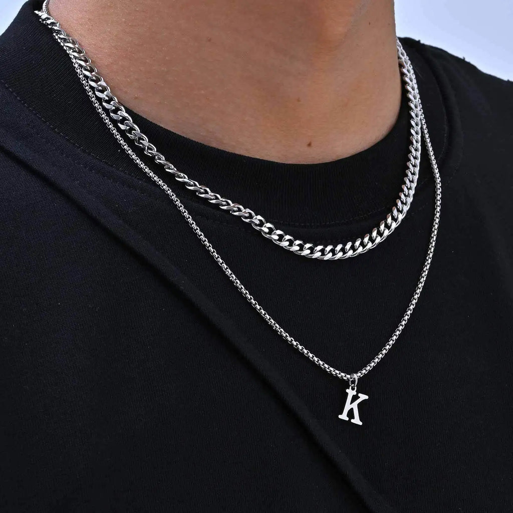 Initial Letter Box Chain Necklace — Stainless Steel