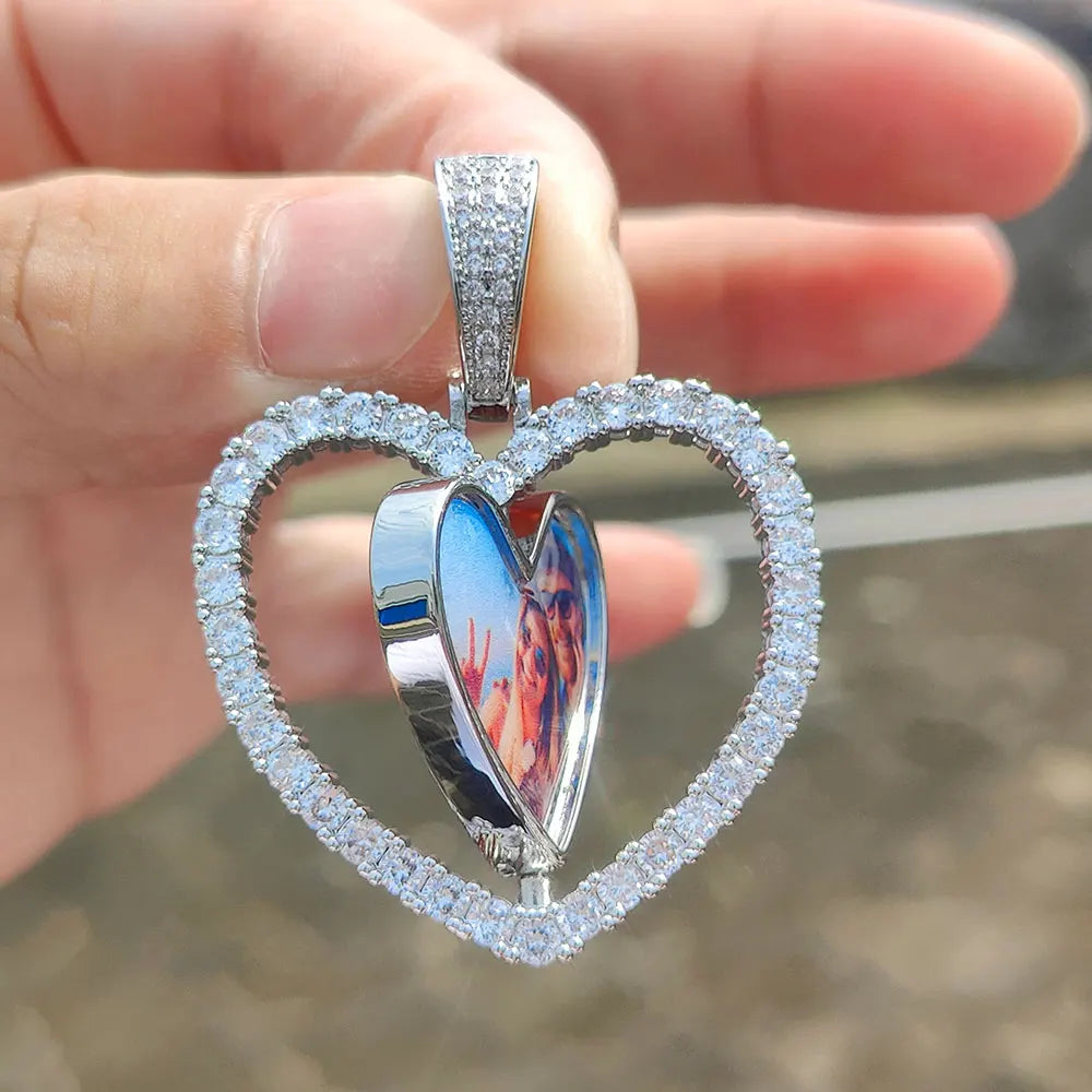 Iced Out Heart Photo Pendant Necklace