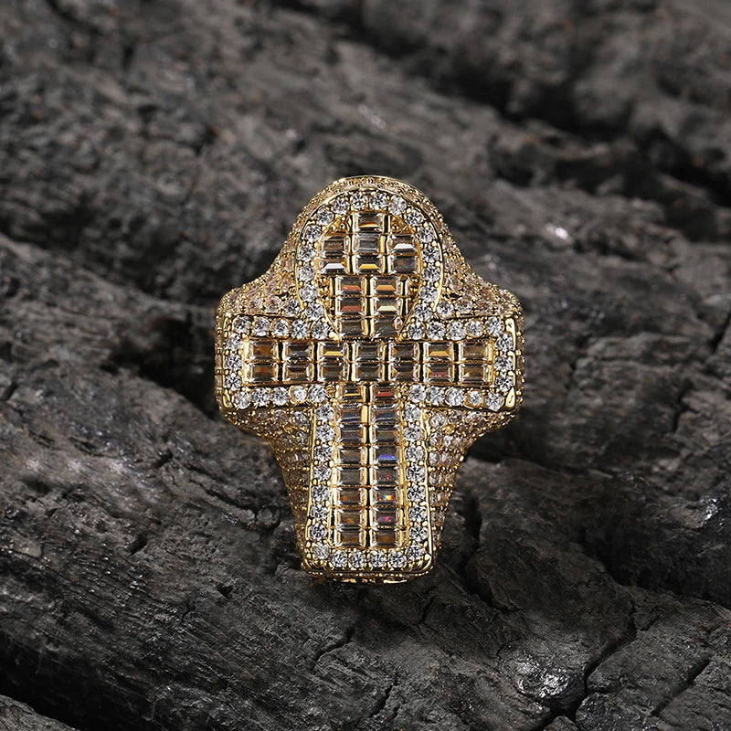 Iced Out Cross Ring for Men and Women — Two-Tone CZ Pave