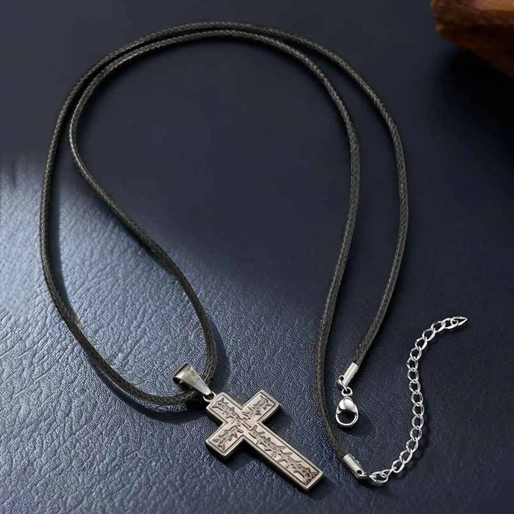 Vnox Men's Stainless Steel Thorn Crown Cross Pendant Necklace, Retro Brown Black Wax Rope Chain, Religious Jewelry