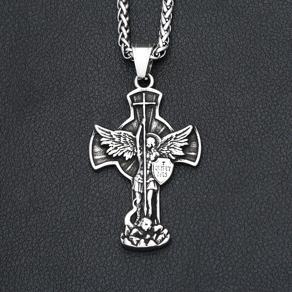 Archangel Wing Cross Stainless Steel Pendant Necklace