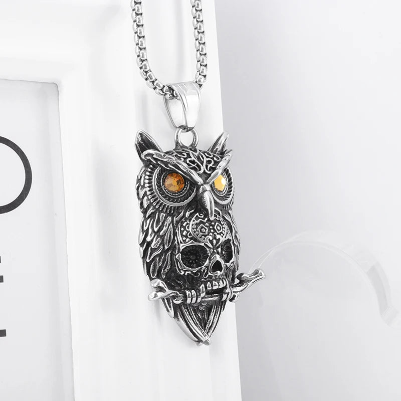 Gothic Style Owl Skull Pendant Necklace for Personalized Men's Retro Motorcycle Rider Party Jewelry Accessories