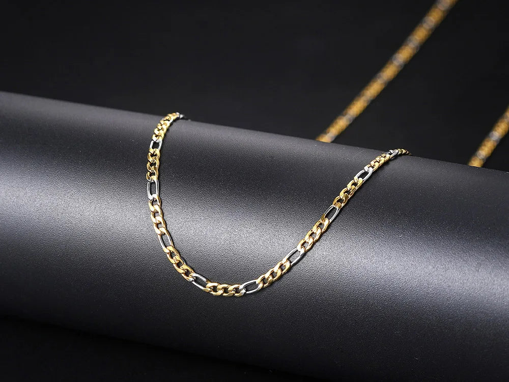 Gold Figaro Cuban Chain Necklace 3MM Stainless Steel