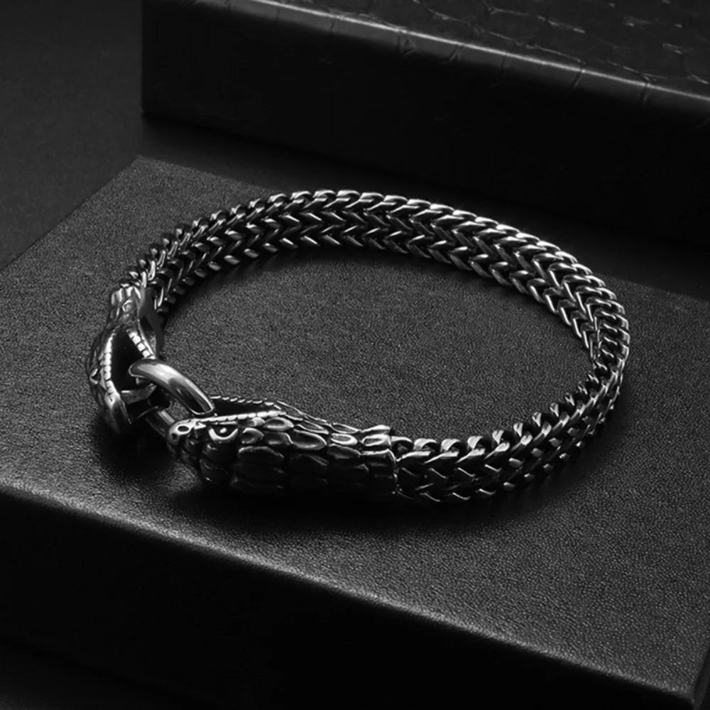 New Trend Personality Weaving Stainless Steel Metal Chain Stereo Engraving Two-headed Snake Bracelet for Men Women