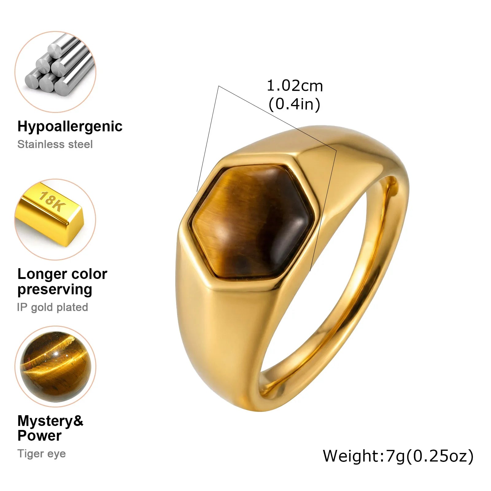 Gold Color Pinky Ring for Men Women,Stainless Steel Tiger Eye Stone Signet Ring,Dainty Chic Party Jewelry Gift