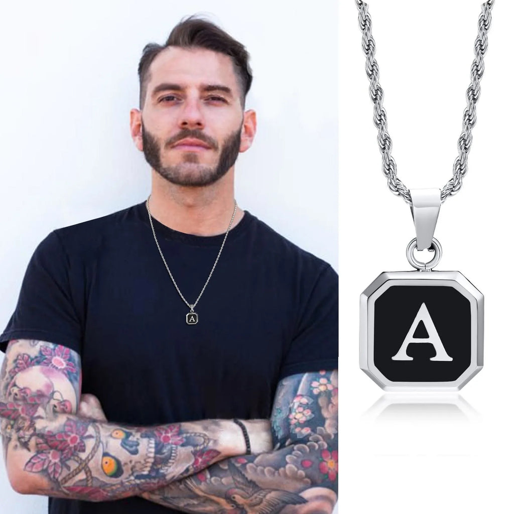 Initials Necklaces for Men Women,A-Z 26 Letters Black Square Stainless Steel Pendant Collar,45-60CM Twisted Rope Chain