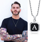Initials Necklaces for Men Women,A-Z 26 Letters Black Square Stainless Steel Pendant Collar,45-60CM Twisted Rope Chain