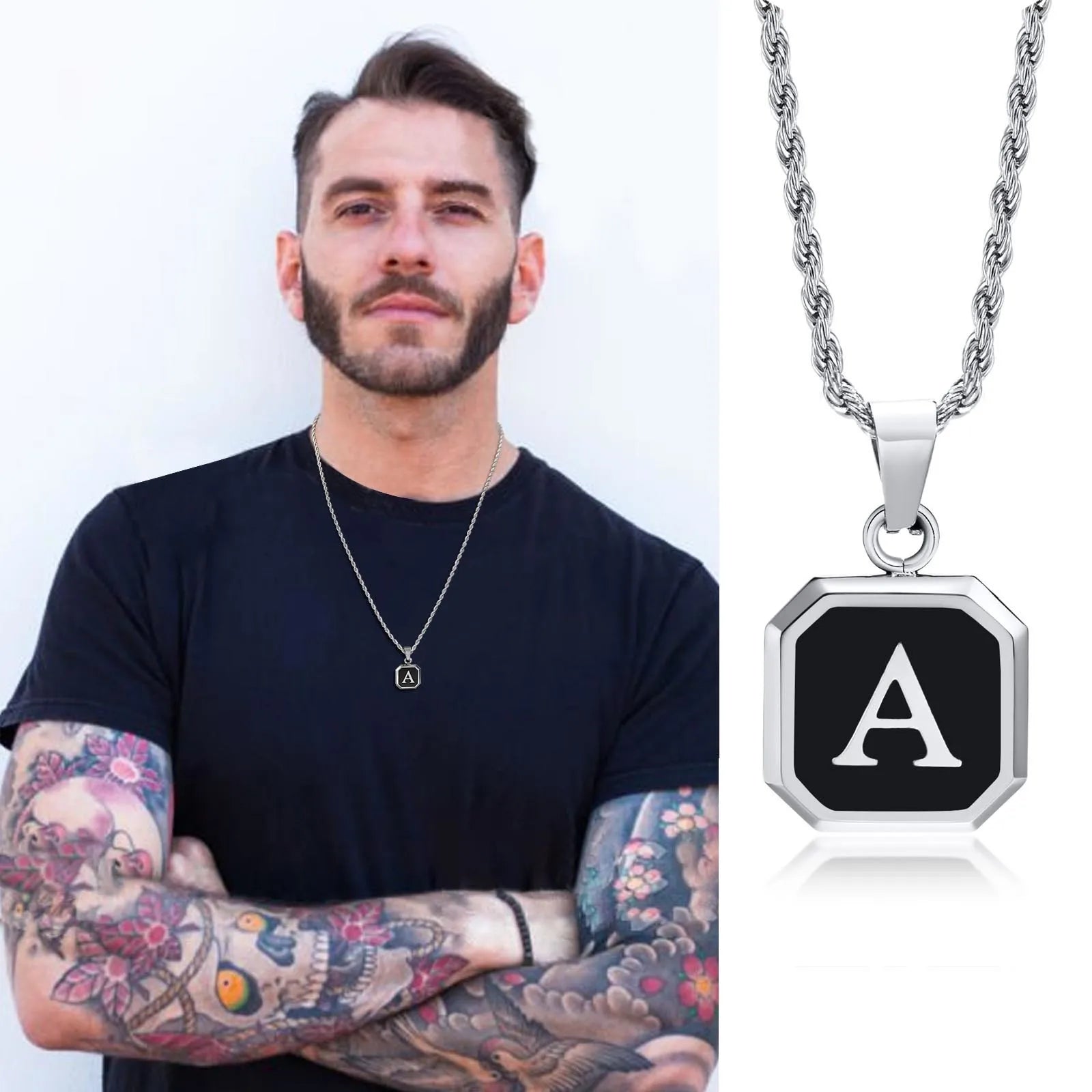 Initials Necklaces for Men Women,A-Z 26 Letters Black Square Stainless Steel Pendant Collar,45-60CM Twisted Rope Chain