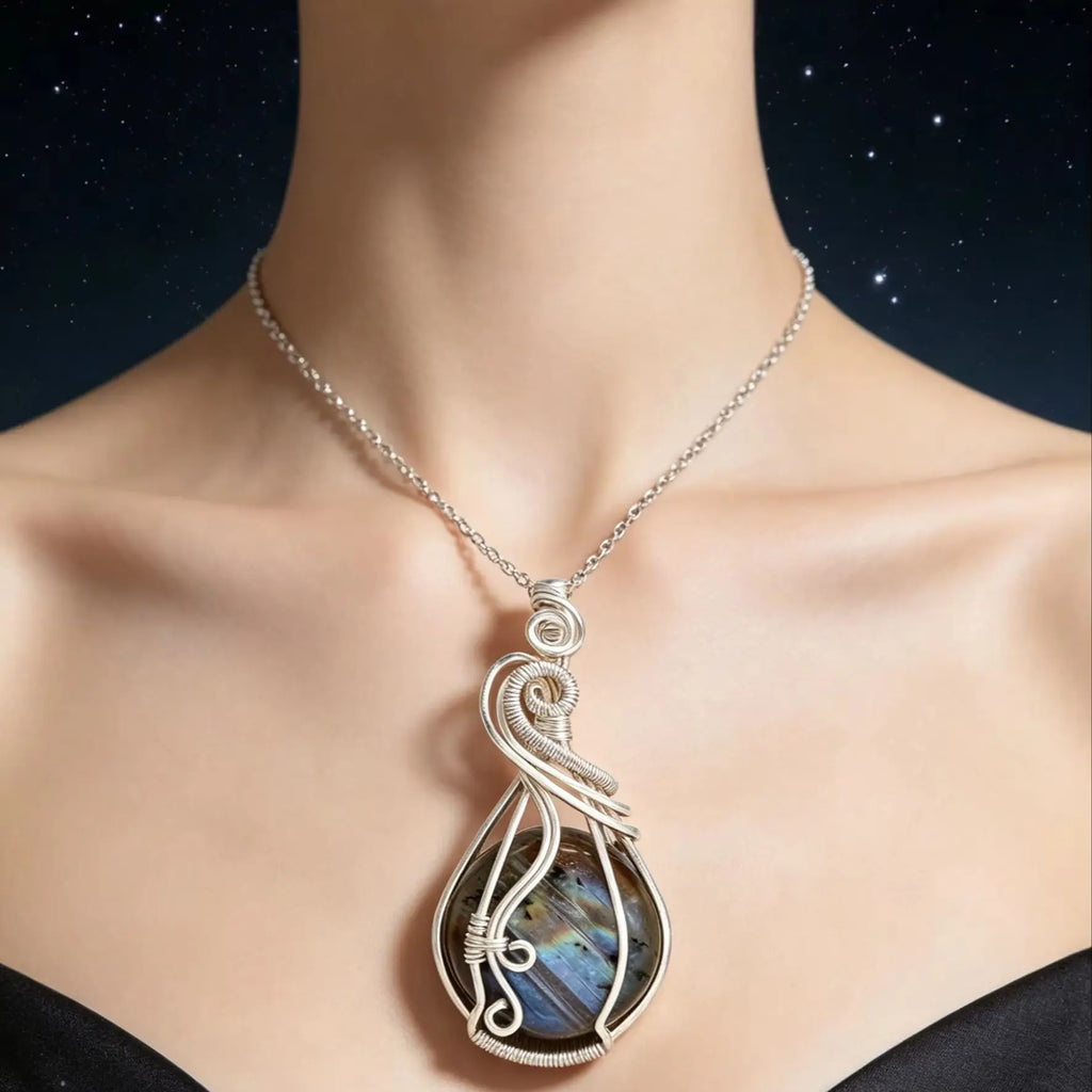 Labradorite Rainbow Moonstone Gemstone Pendant Copper Wire Wrapped Labradorite Jewelry Labradorite Necklace With Chain