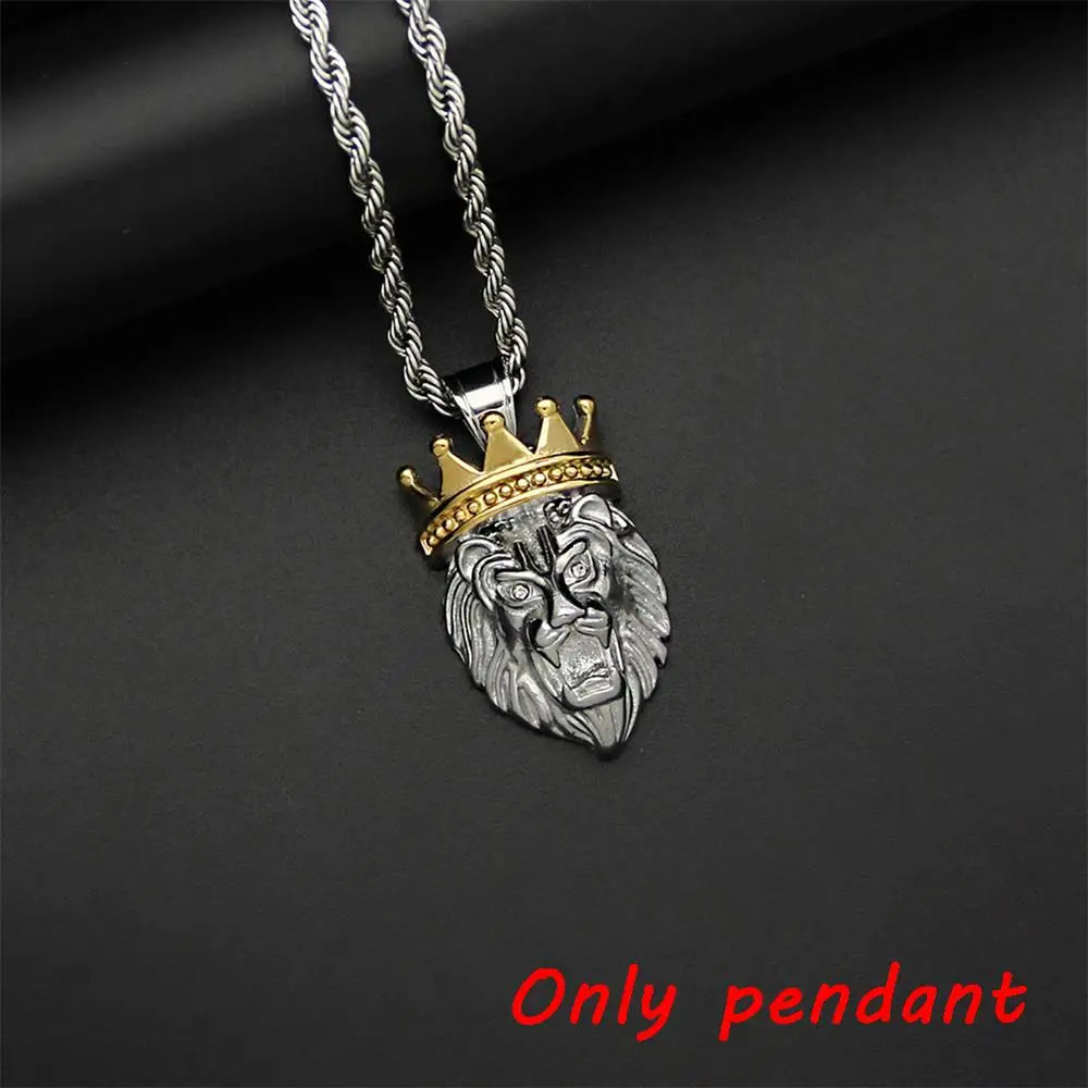 hip hop Lion crown Pendant Necklace For Men Gold color 316L Stainless Steel Jewelry