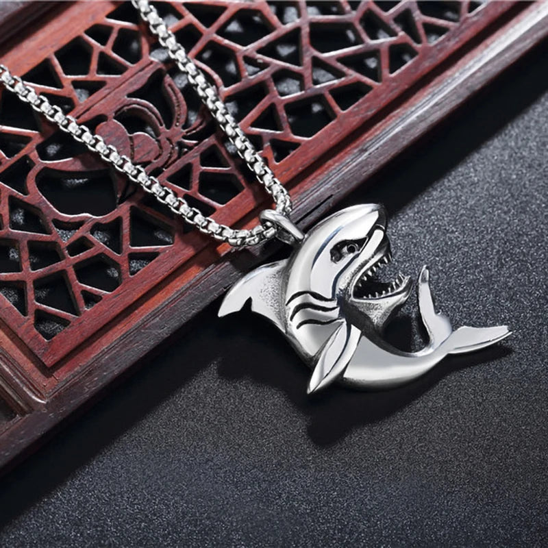 Silver Shark Pendant Necklace Stainless Steel