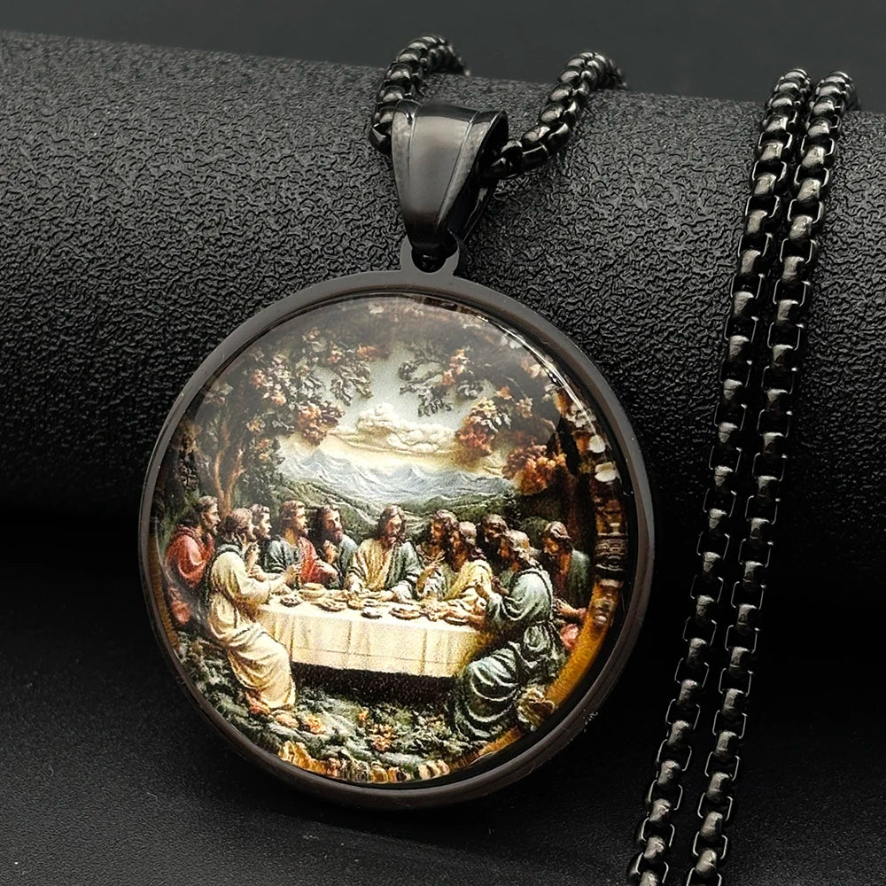 The Last Supper Twelve Apostles Glass Medal Pendant Necklace Women Men Stainless Steel Gold Color Christian Amulet