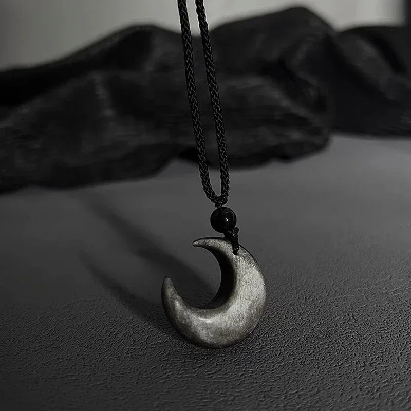 Lucky Crescent Moon Crystal Necklace Natural Stone Pendant Black Obsidian Opal Rope Wrap Necklace Adjustable