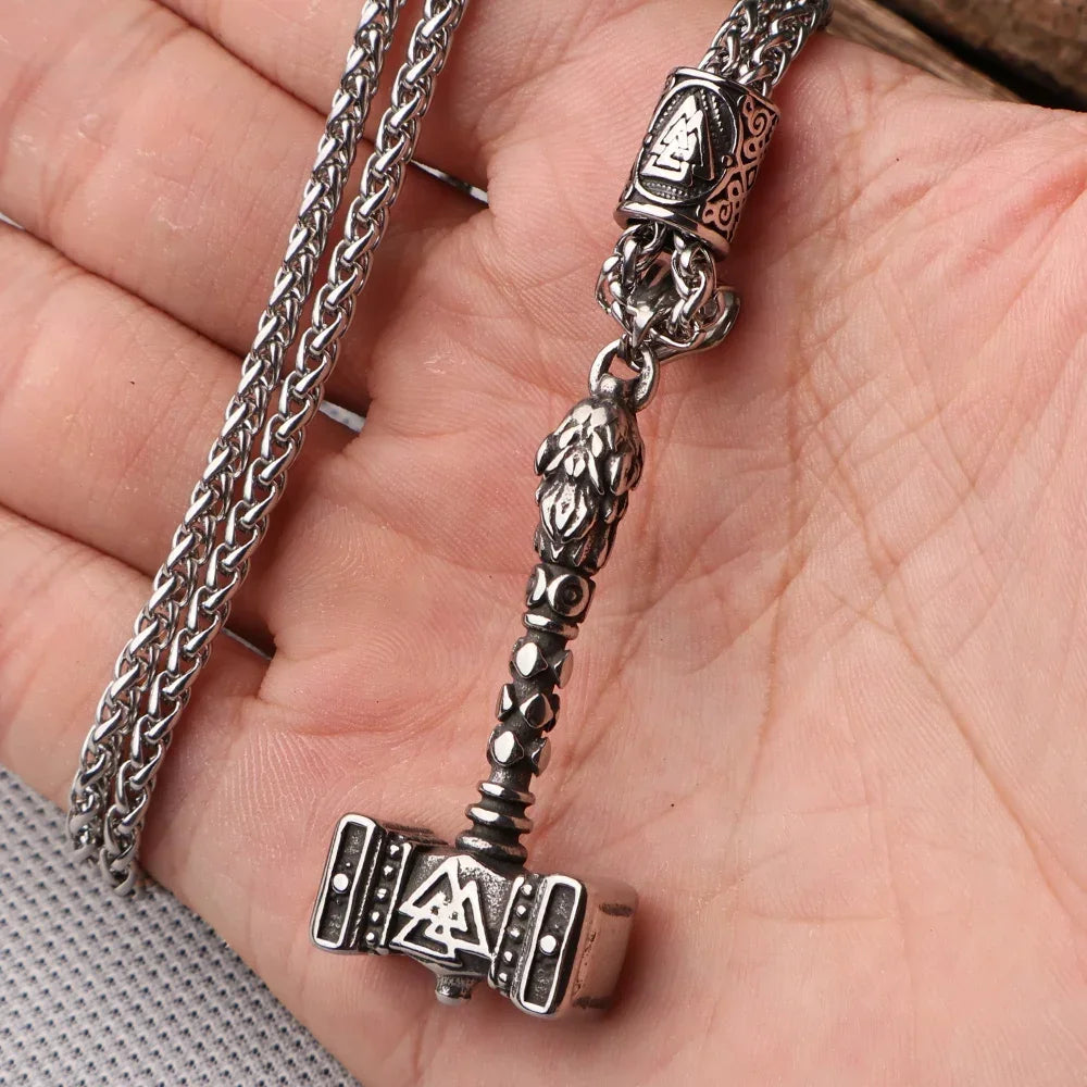 Multi Style Beaded Viking Thor's Hammer Pendant Necklace Stainless Steel Necklace Men Biker Mjolnir Amulet Jewelry