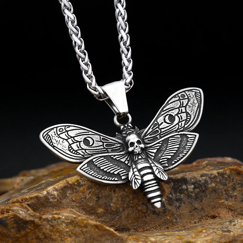 Death Head Moth Skull Pendant Necklace For Men Stainless Steel Gothic Punk Jewelry Halloween Animal Theme Collar Chain Gifts