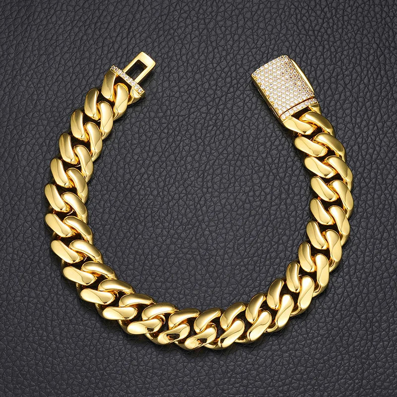 Luxury 24K 9999 Pure Gold real gold 10MM 12MM Width Large Cuban Chain Bracelet Inlaid Full Diamond Bracelet